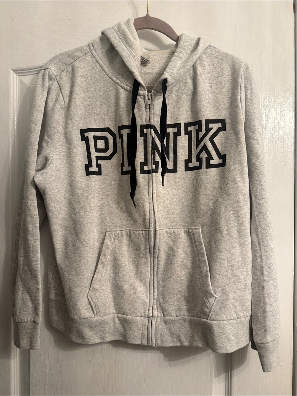 PINK Victoria's sectet size XL Light Gray Zip-Up Hoodie with Black Logo
